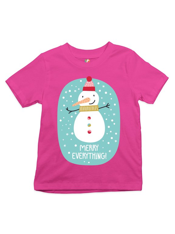 Merry Everything Youth T-Shirt Christmas Snowman Holiday Spirit Xmas Kids, Pink, Small