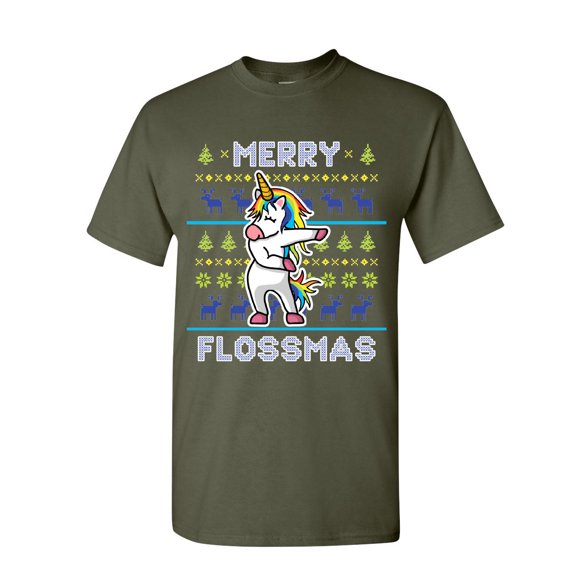 Tee Hunt Merry Flossmas Flossing Unicorn T-Shirt Christmas Ugly Sweater Mens Shirt, Military Green, 4X-Large
