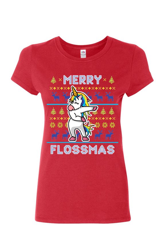 Merry Flossmas Flossing Unicorn Women's T-Shirt Christmas Ugly Sweater Shirt, Red, XX-Large