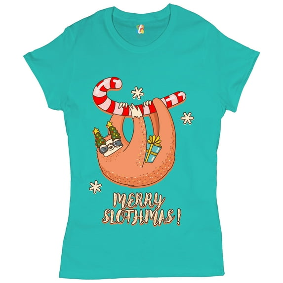 Tee Hunt Merry Slothmas T-Shirt Christmas Sloth Candy Cane Let It Snow Women's T-Shirt Tee, Light Blue, Medium