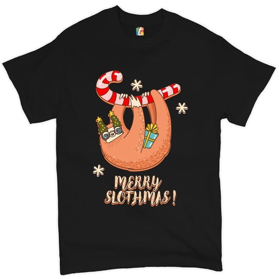 Tee Hunt Merry Slothmas T-shirt Christmas Sloth Candy Cane Let It Snow Men's Tee, Black, Medium