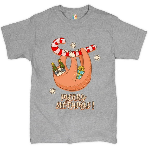 Tee Hunt Merry Slothmas T-shirt Christmas Sloth Candy Cane Let It Snow Men's Tee, Gray, Medium