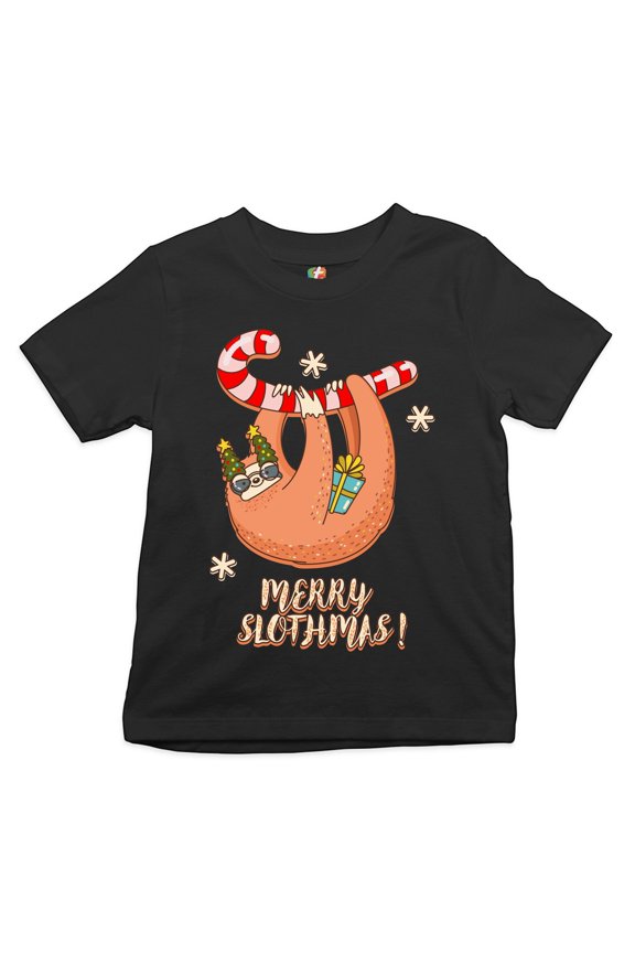 Merry Slothmas Youth T-Shirt Christmas Sloth Candy Cane Let It Snow Kids, Black, Medium