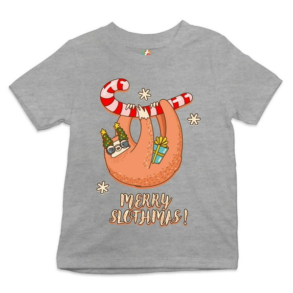 Tee Hunt Merry Slothmas Youth T-Shirt Christmas Sloth Candy Cane Let It Snow Kids, Gray, Large