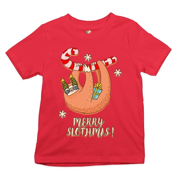 Tee Hunt Merry Slothmas Youth T-Shirt Christmas Sloth Candy Cane Let It Snow Kids, Red, X-Large