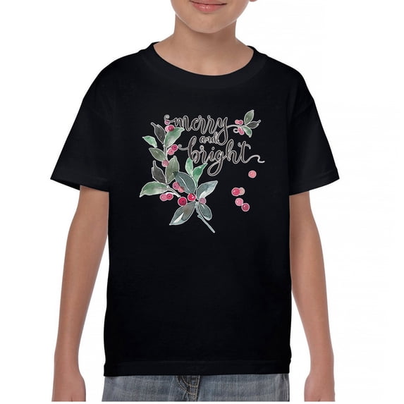 Tee Hunt Merry and Bright Cute Christmas Youth T-Shirt Jolly Santa Xmas Kids, Black, Large