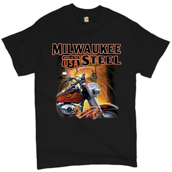 Tee Hunt Milwaukee Steel T-shirt Route 66 Motorcycle Chopper Bobber Biker Men's Tee, Black, 4X-Large