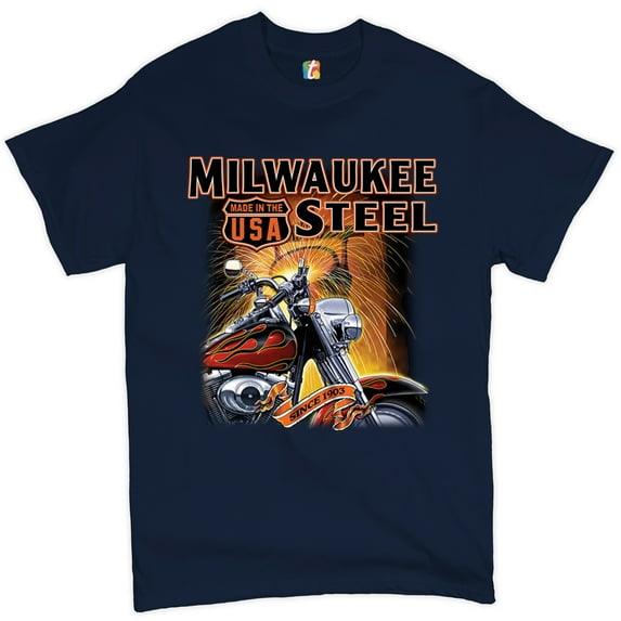 Tee Hunt Milwaukee Steel T-shirt Route 66 Motorcycle Chopper Bobber Biker Men's Tee, Navy Blue, Small