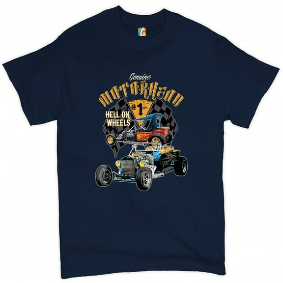 Tee Hunt Motorhead Hot Rod T-Shirt Hell on Wheels Route 66 Drag Racing Men's Tee, Navy Blue, Medium
