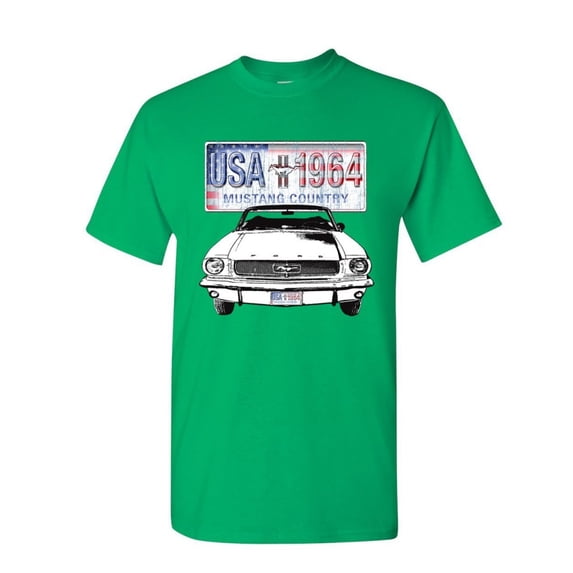 Tee Hunt Mustang Country 1964 T-Shirt Ford Legend USA American Classic Mens Shirt, Green, Large