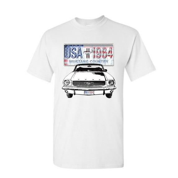 Tee Hunt Mustang Country 1964 T-Shirt Ford Legend USA American Classic Mens Shirt, White, Medium