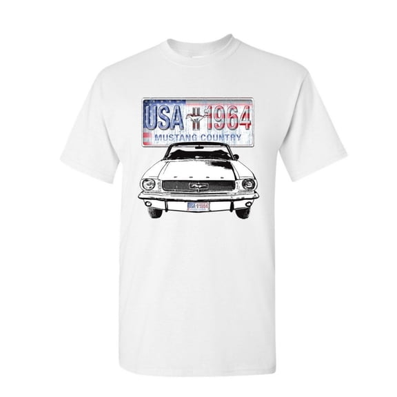Tee Hunt Mustang Country 1964 T-Shirt Ford Legend USA American Classic Mens Shirt, White, X-Large