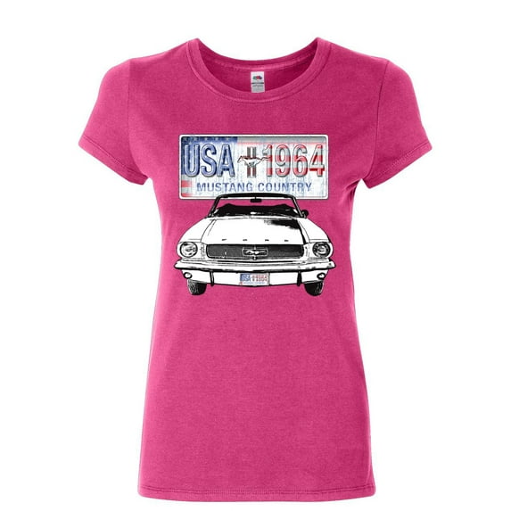 Tee Hunt Mustang Country 1964 Women's T-Shirt Ford Legend USA American Classic Shirt, Pink, Large