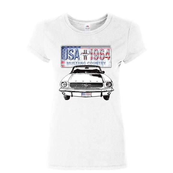 Tee Hunt Mustang Country 1964 Women's T-Shirt Ford Legend USA American Classic Shirt, White, Small