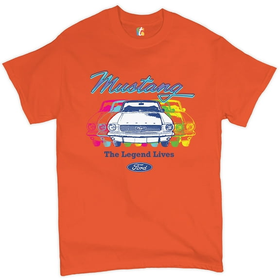 Tee Hunt Mustang The Legend Lives T-Shirt Muscle Car Licensed Ford Men's Novelty Shirt, Orange, Small
