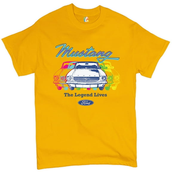 Tee Hunt Mustang The Legend Lives T-Shirt Muscle Car Licensed Ford Men's Novelty Shirt, Yellow, X-Large