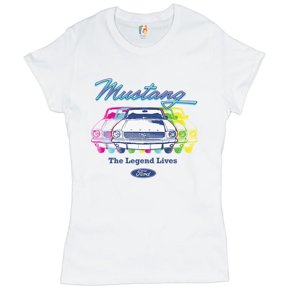 Tee Hunt Mustang The Legend Lives Women's T-Shirt Novelty T-Shirt Muscle Car Licensed FordGrey, White, Large