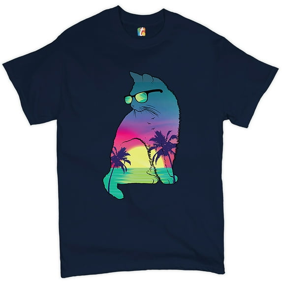 Tee Hunt Neon Cat in Sunglasses T-Shirt Tropic Kitten Summer Beach Kitty Men's Tee, Navy Blue, 3X-Large