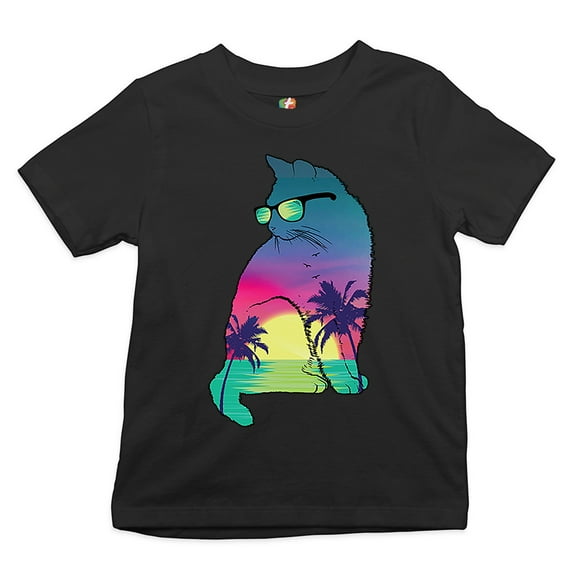 Tee Hunt Neon Cat in Sunglasses Youth T-Shirt Tropic Kitten Summer Beach Kitty Kids