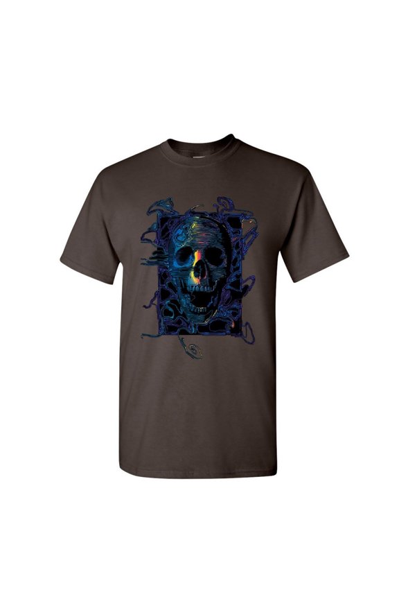 Neon Skull T-Shirt Reaper Death Skeleton Grin Doom Halloween Mens Shirt, Brown, Large