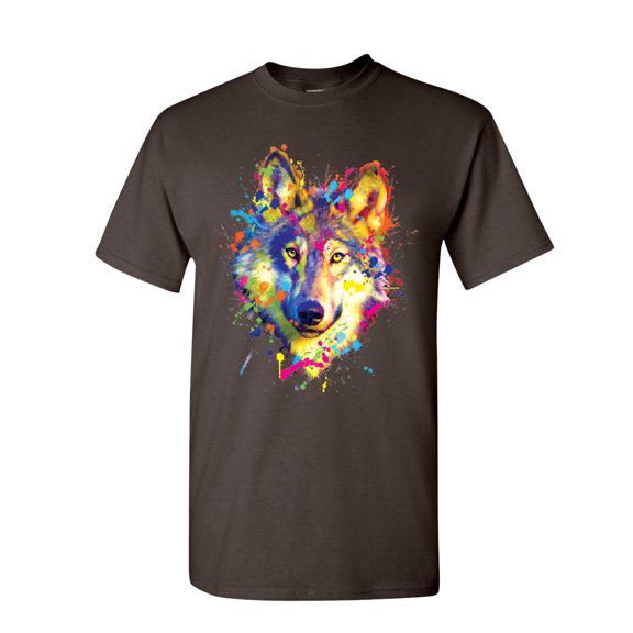 Tee Hunt Neon Wolf Head T-Shirt Paint Splatter Lone Wolf Spirit Animal Mens Shirt, Brown, Medium
