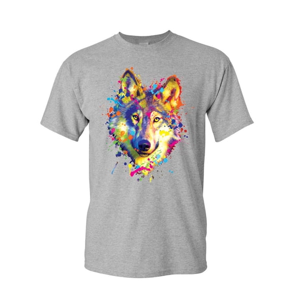 Tee Hunt Neon Wolf Head T-Shirt Paint Splatter Lone Wolf Spirit Animal Mens Shirt, Gray, X-Large