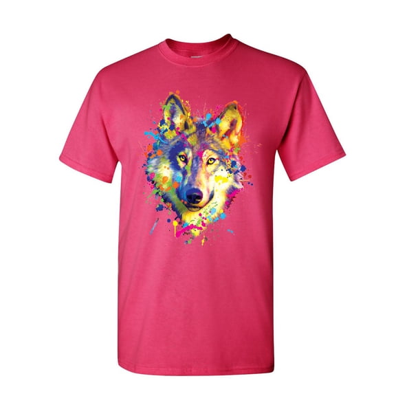 Tee Hunt Neon Wolf Head T-Shirt Paint Splatter Lone Wolf Spirit Animal Mens Shirt, Hot Pink, Medium