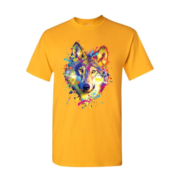 Tee Hunt Neon Wolf Head T-Shirt Paint Splatter Lone Wolf Spirit Animal Mens Shirt, Yellow, 5X-Large