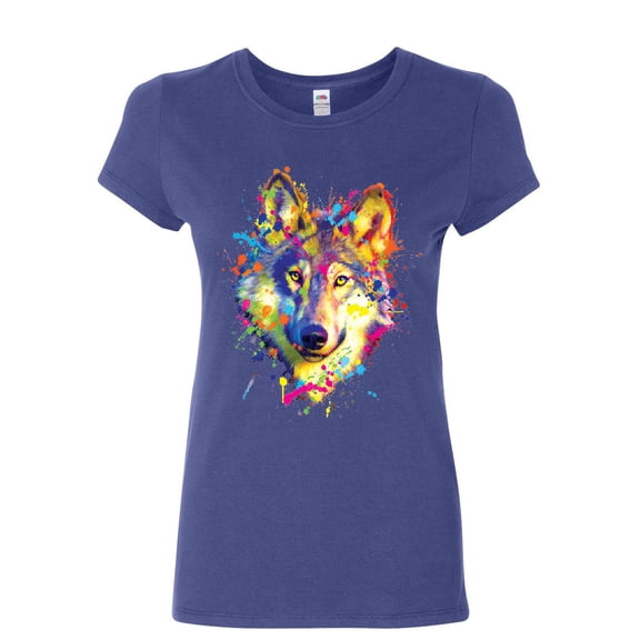 Tee Hunt Neon Wolf Head Women's T-Shirt Paint Splatter Lone Wolf Spirit Animal Shirt, Blue, XX-Large