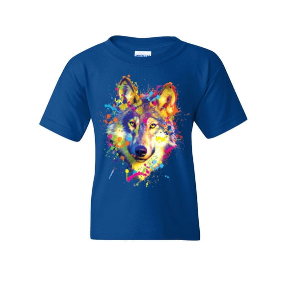 Tee Hunt Neon Wolf Head Youth T-Shirt Paint Splatter Lone Wolf Spirit Animal Kids Tee, Blue, X-Large