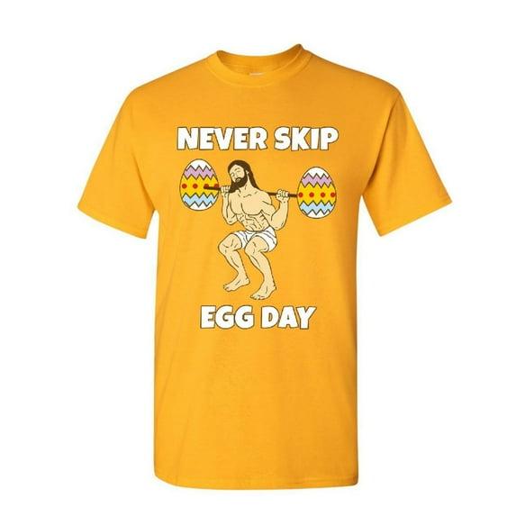 Tee Hunt Never Skip Egg Day T-Shirt Funny Easter Jesus Workout Crossfit Mens Shirt, Yellow, Small