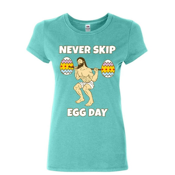 Tee Hunt Never Skip Egg Day Women's T-Shirt Funny Easter Jesus Workout Crossfit Shirt, Light Blue, 3X-Large