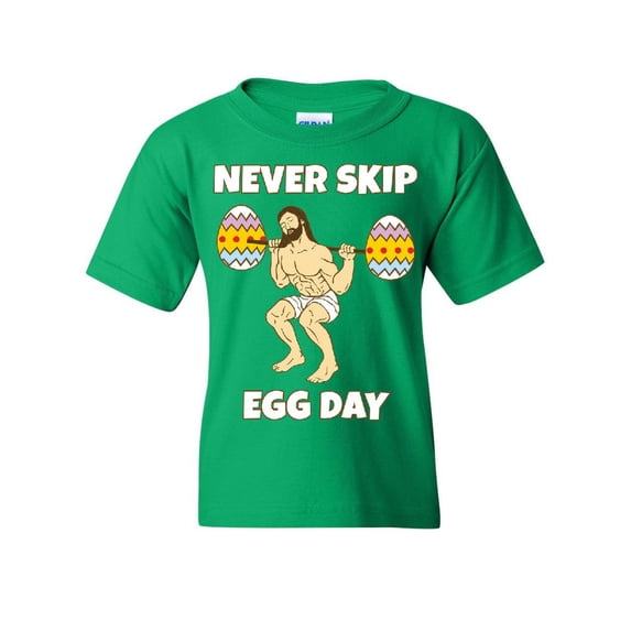 Tee Hunt Never Skip Egg Day Youth T-Shirt Funny Easter Jesus Workout Crossfit Kids Tee, Green, Medium