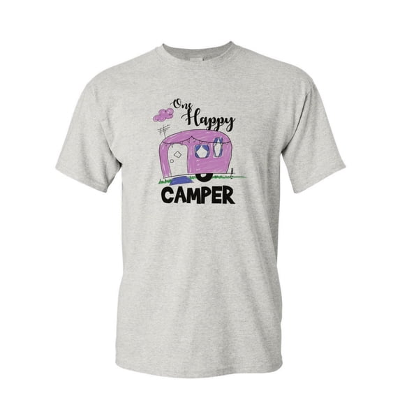 Tee Hunt One Happy Camper T-Shirt RV Trailer Camping Nature Wilderness Mens Shirt, Ash Gray, Small