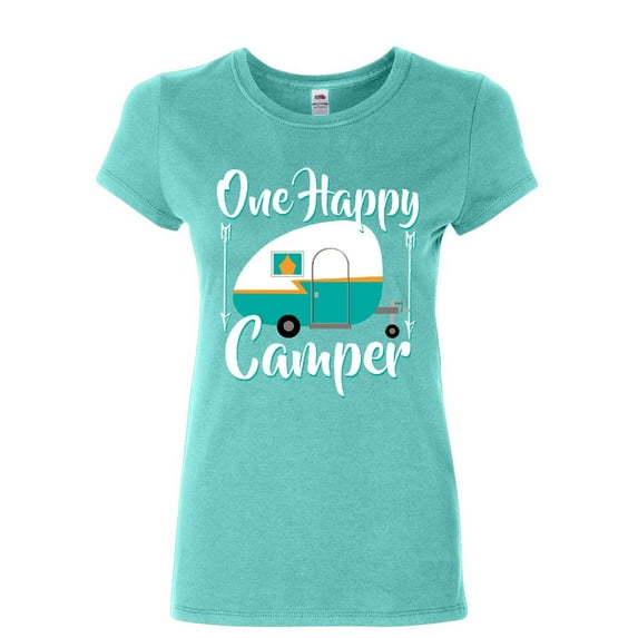 Tee Hunt One Happy Camper Women's T-Shirt Camping Roadtrip RV Trailer Shirt, Light Blue, 3X-Large