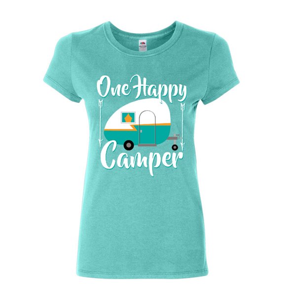 Tee Hunt One Happy Camper Women's T-Shirt Camping Roadtrip RV Trailer Shirt, Light Blue, Large