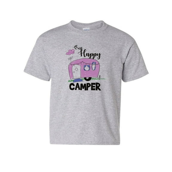 Tee Hunt One Happy Camper Youth T-Shirt RV Trailer Camping Nature Wilderness Kids Tee, Gray, Medium