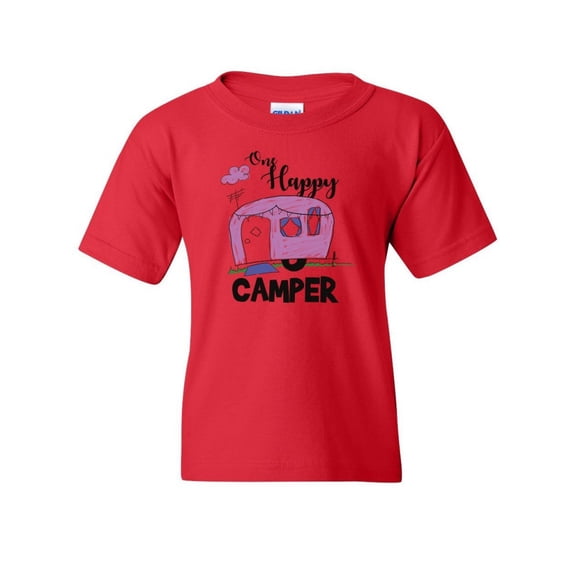 Tee Hunt One Happy Camper Youth T-Shirt RV Trailer Camping Nature Wilderness Kids Tee, Red, Medium