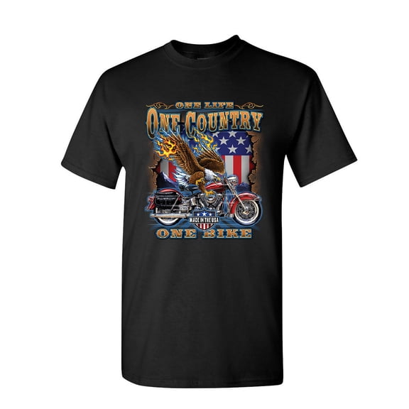 Tee Hunt One Life One Country One Bike T-Shirt Motorcycle Club Bald Eagle Mens Shirt, Black, X-Large