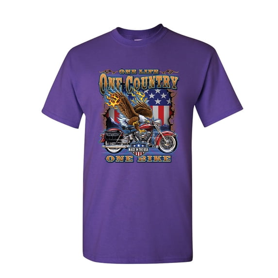 Tee Hunt One Life One Country One Bike T-Shirt Motorcycle Club Bald Eagle Mens Shirt, Purple, X-Large