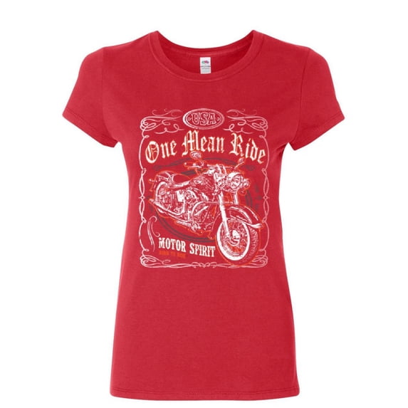 Tee Hunt One Mean Ride Women's T-Shirt Born to Ride Chopper Bobber Route 66 Biker, Red, Medium
