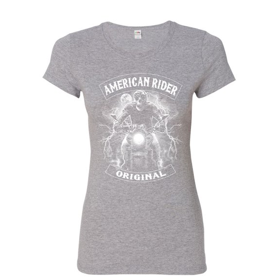 Tee Hunt Original American Rider Women's T-Shirt Skull Face Route 66 Biker MC Shirt, Gray, Medium