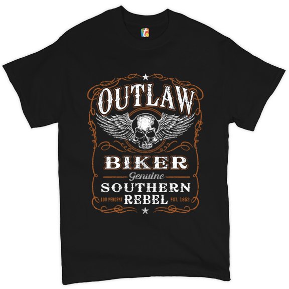 Tee Hunt Outlaw Biker T-Shirt Genuine Southern Rebel Winged Skull Face Men's Tee, Black, 3X-Large