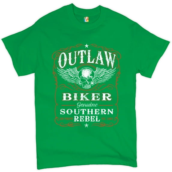 Tee Hunt Outlaw Biker T-Shirt Genuine Southern Rebel Winged Skull Face Men's Tee, Green, XX-Large