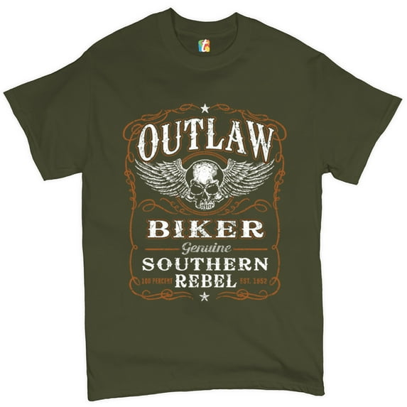 Tee Hunt Outlaw Biker T-Shirt Genuine Southern Rebel Winged Skull Face Men's Tee, Military Green, 3X-Large