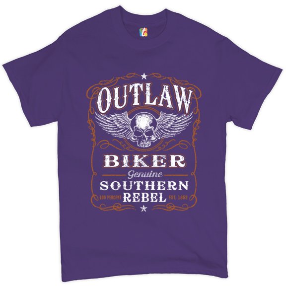 Tee Hunt Outlaw Biker T-Shirt Genuine Southern Rebel Winged Skull Face Men's Tee, Purple, Large