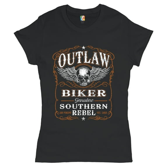 Tee Hunt Outlaw Biker T-Shirt Genuine Southern Rebel Winged Skull Face Women's T-Shirt Tee, Black, XX-Large