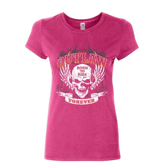 Tee Hunt Outlaw Forever Women's T-Shirt Novelty T-Shrit Born to Ride Custom Biker Route 66 Tee, Pink, 3X-Large
