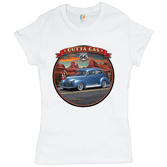 Tee Hunt Outta Gas on Route 66 Women's T-Shirt Novelty T-Shirt The Mother Road Retro Vintage Tee, White, Medium