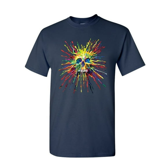 Tee Hunt Paint Splatter Skull T-Shirt Multicolor Art Crazy Melting Drip Mens Shirt, Navy Blue, 5X-Large